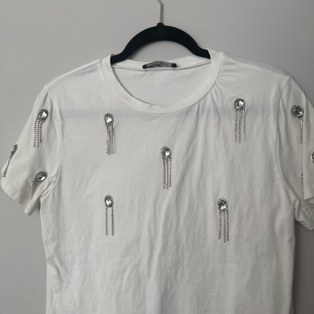 White T-Shirt with Silver Embellishments